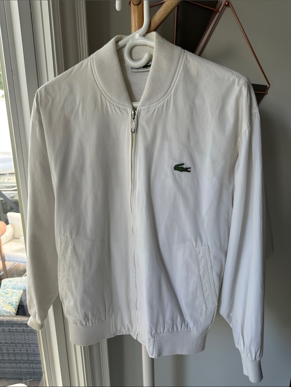 VINTAGE LACOSTE White Women's Bomber Jacket Cotton Lightweight Classic Sz Large